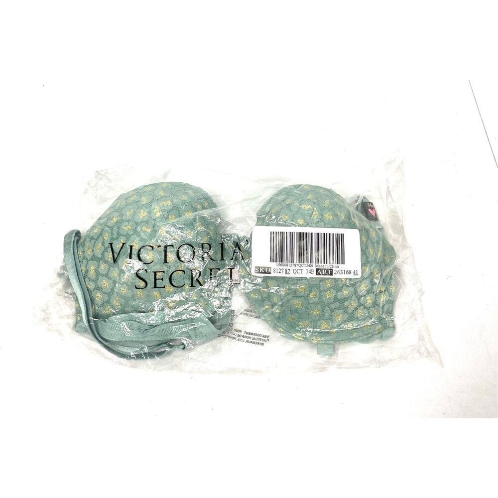 Victoria’s Secret Seafoam Green Gold Sparkle Lace Push Up Bra Women Size 34B NWT